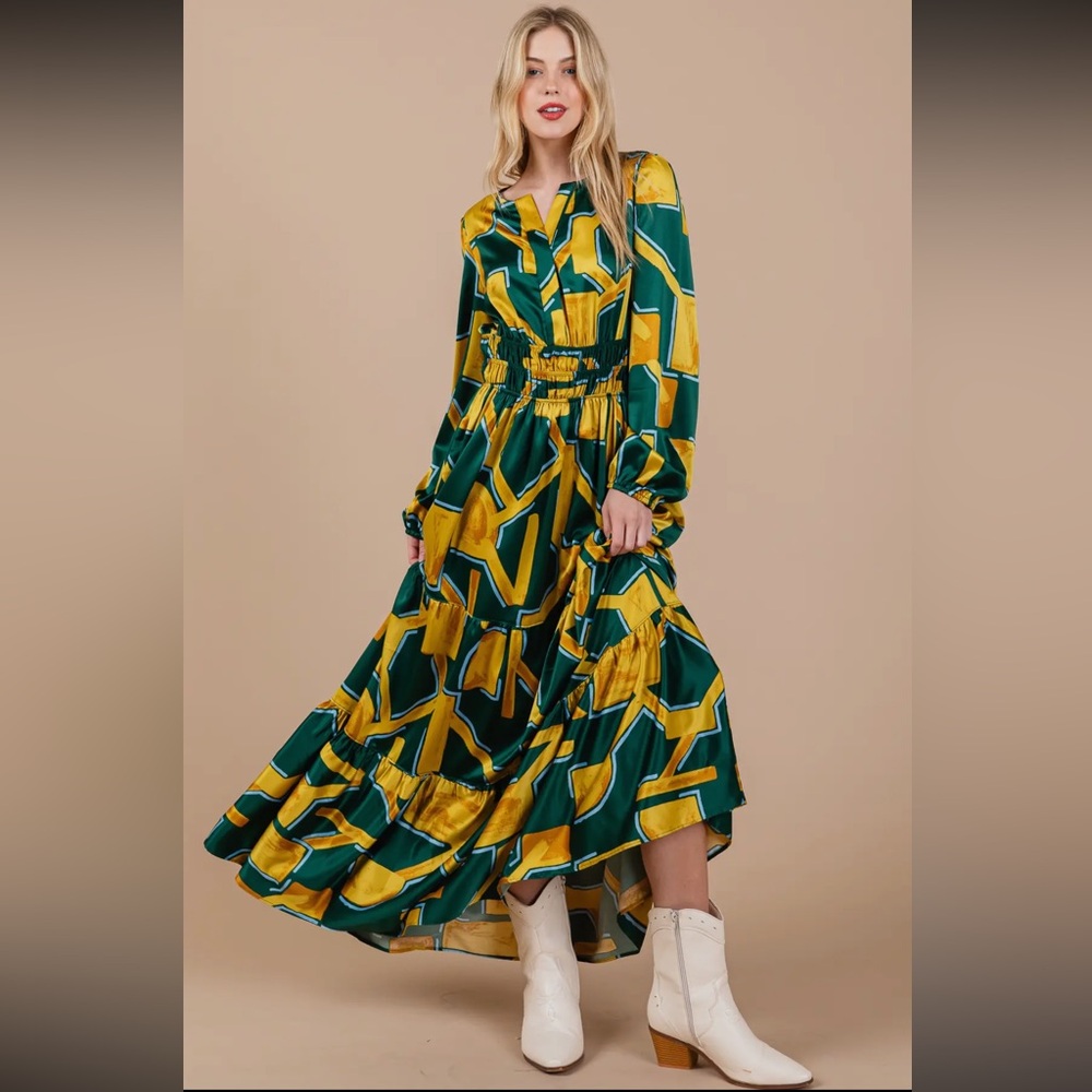 Boho Geometric Print Tiered Maxi Dress
